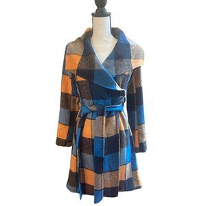 ModCloth  Intelligent Around Town Belted Coat Yellow Brown Plaid Jacket Size S